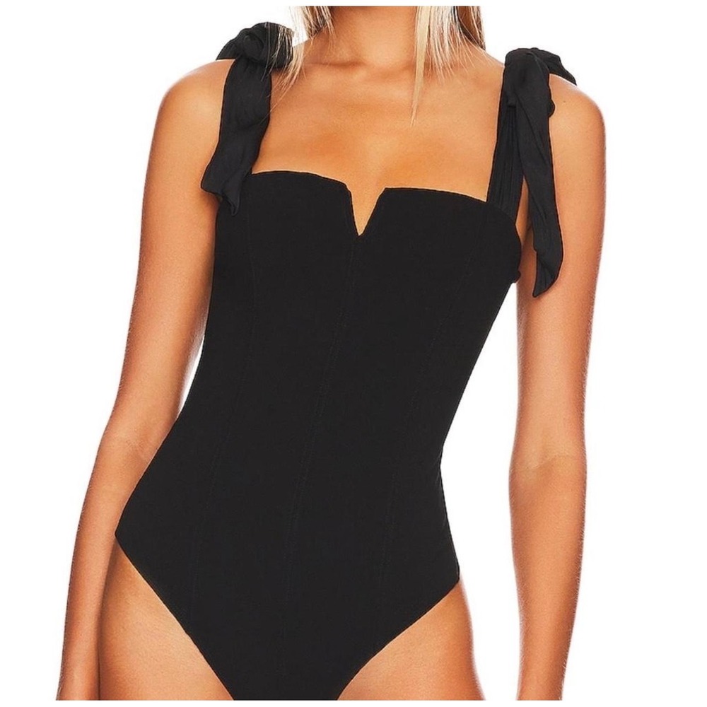 Free People Intimately Black Tie Shoulder Notched Neck Bodysuit OB1604619